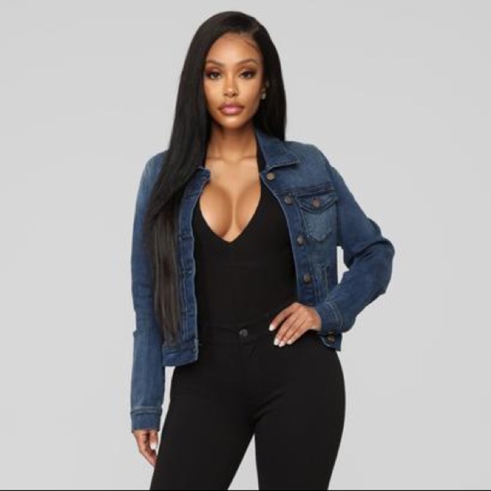Fashion Nova Jean Jacket in color Dark Wash